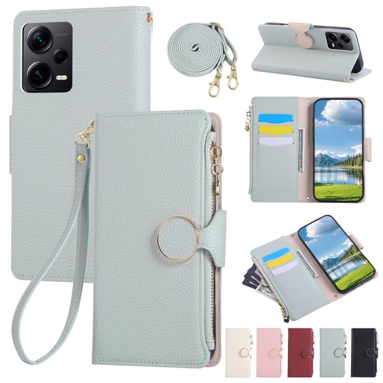 Funda de cuero con hebilla redonda y cremallera para Redmi Note 12 Pro 5G, con correa cruzada (azul cielo)