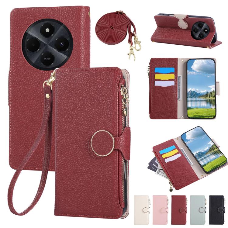 Funda de cuero con hebilla redonda y cremallera para Redmi 14C 5G, con correa cruzada (roja)