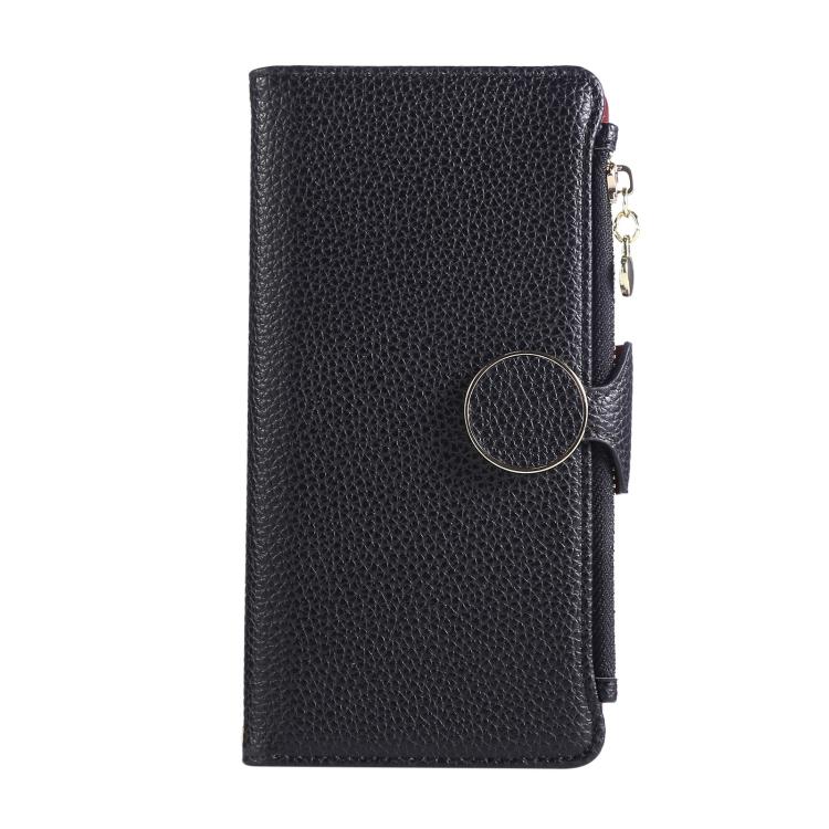 Funda de cuero con hebilla redonda y cremallera para Redmi 14C 5G, con correa cruzada (negro)