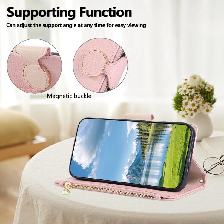 Funda de cuero tipo billetera con hebilla redonda y cremallera para Samsung Galaxy S25 Edge 5G con correa cruzada (rosa)