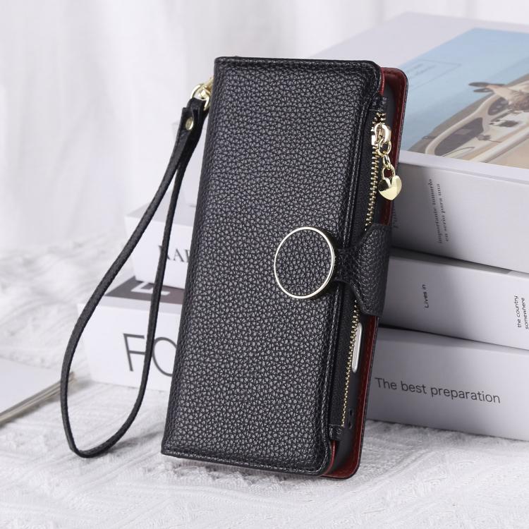 Funda de cuero tipo billetera con hebilla redonda y cremallera para Samsung Galaxy S25/S24 5G, con correa cruzada (negra)