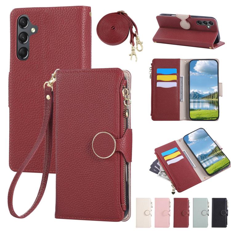 Funda de cuero tipo billetera con hebilla redonda y cremallera para Samsung Galaxy S25+ / S24+ 5G, con correa cruzada (roja)