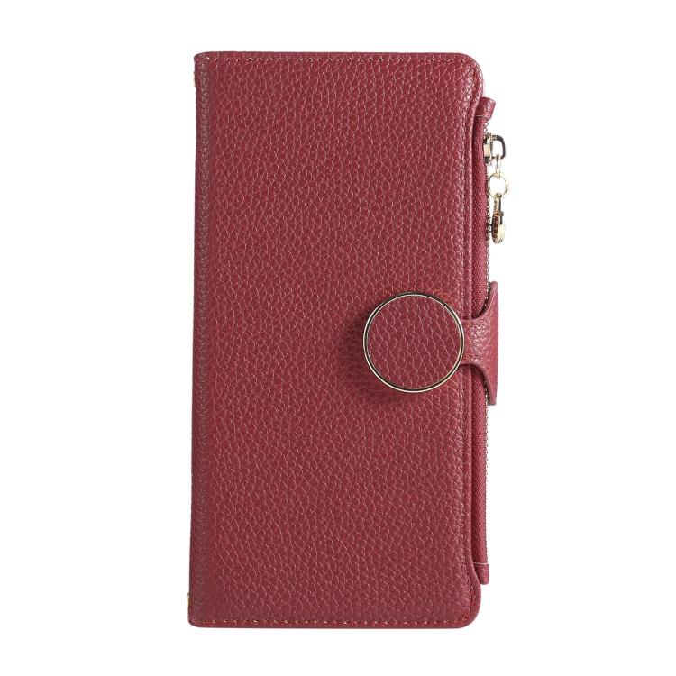 Funda de cuero tipo billetera con hebilla redonda y cremallera para Samsung Galaxy S25+ / S24+ 5G, con correa cruzada (roja)