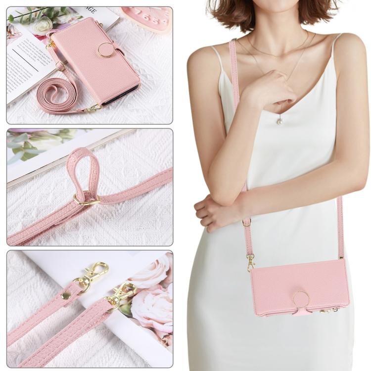 Funda de cuero tipo billetera con hebilla redonda y cremallera para Samsung Galaxy S24 FE 5G con correa cruzada (rosa)
