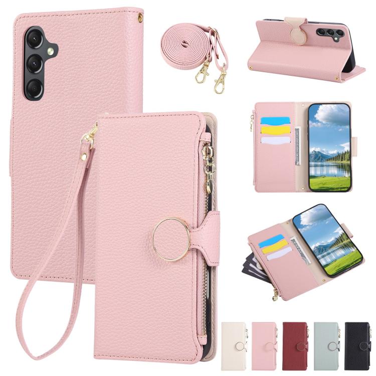 Funda de cuero tipo billetera con hebilla redonda y cremallera para Samsung Galaxy S23 FE 5G con correa cruzada (rosa)