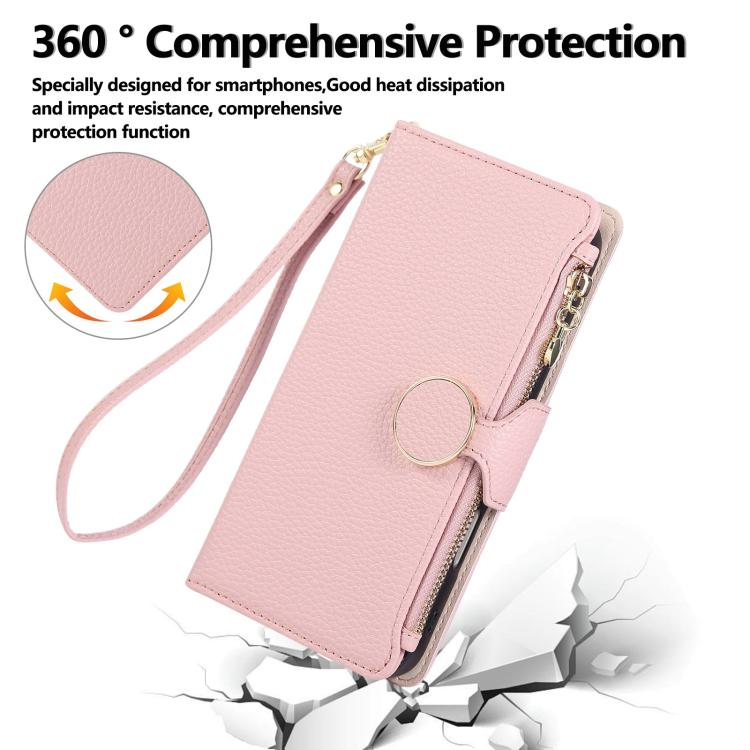 Funda de cuero tipo billetera con hebilla redonda y cremallera para Samsung Galaxy S23 FE 5G con correa cruzada (rosa)