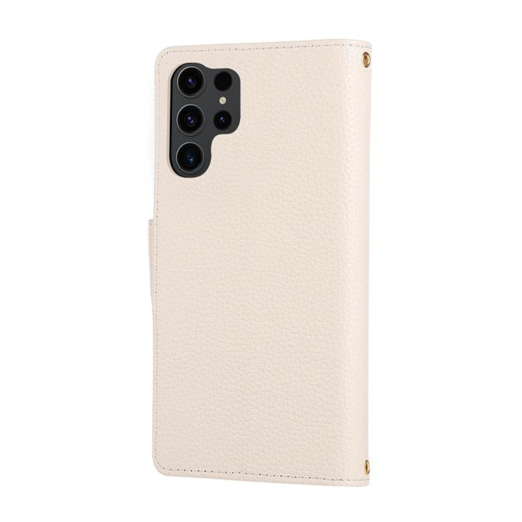 Funda de cuero tipo billetera con hebilla redonda y cremallera para Samsung Galaxy S23 Ultra 5G con correa cruzada (blanca)