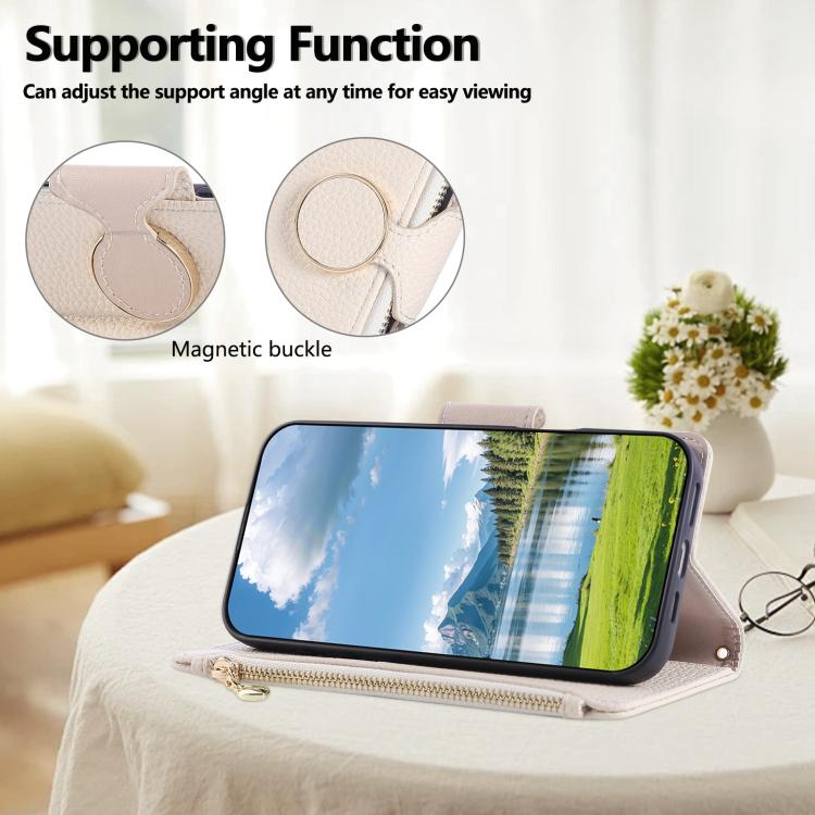 Funda de cuero tipo billetera con hebilla redonda y cremallera para Samsung Galaxy S23 Ultra 5G con correa cruzada (blanca)
