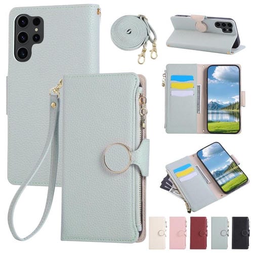Funda de cuero tipo billetera con hebilla redonda y cremallera para Samsung Galaxy S24 Ultra 5G con correa cruzada (azul cielo)