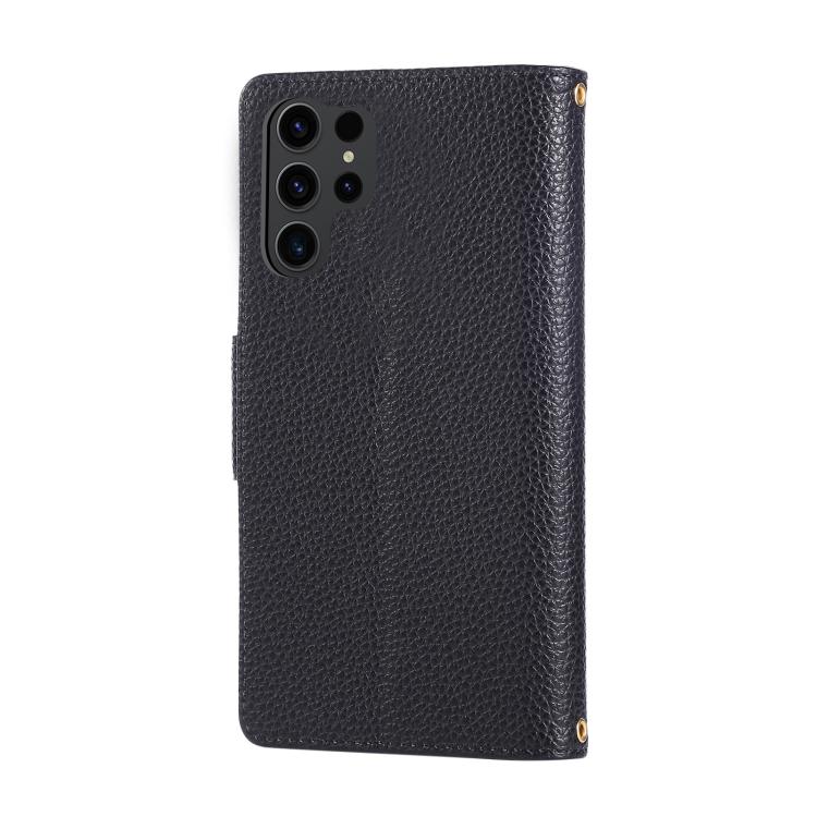 Funda de cuero tipo billetera con hebilla redonda y cremallera para Samsung Galaxy S25 Ultra 5G con correa cruzada (negro)