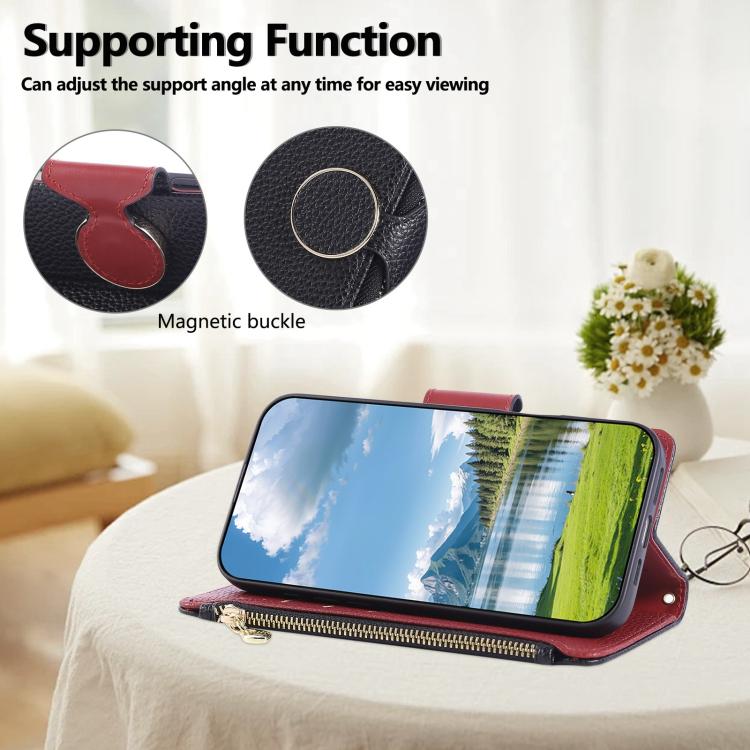 Funda de cuero tipo billetera con hebilla redonda y cremallera para Samsung Galaxy S25 Ultra 5G con correa cruzada (negro)
