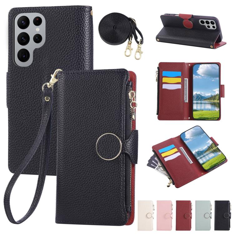 Funda de cuero con hebilla redonda y cremallera para Samsung Galaxy S22 Ultra 5G, con correa cruzada (negro)