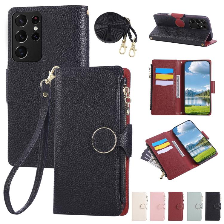 Funda de cuero con hebilla redonda y cremallera para Samsung Galaxy S21 Ultra 5G, con correa cruzada (negro)