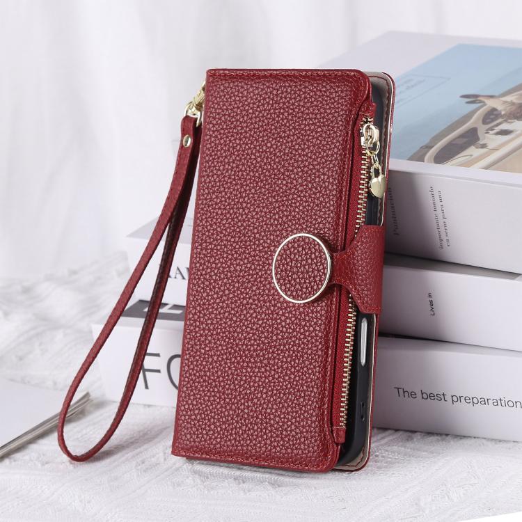 Funda de cuero tipo billetera con hebilla redonda y cremallera para Samsung Galaxy S21 5G con correa cruzada (roja)