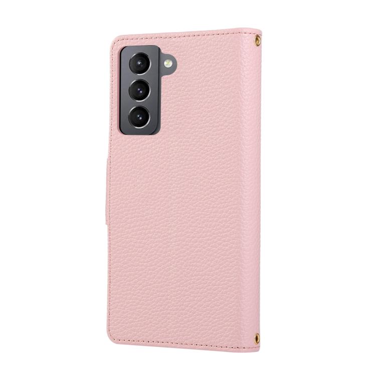 Funda de cuero tipo billetera con hebilla redonda y cremallera para Samsung Galaxy S22 5G con correa cruzada (rosa)