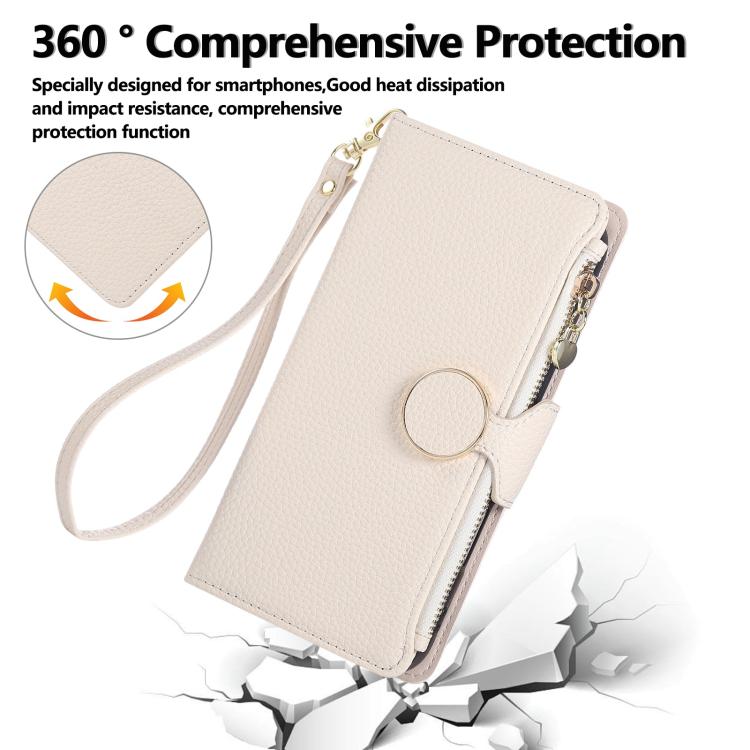 Funda de cuero tipo billetera con hebilla redonda y cremallera para Samsung Galaxy S22 5G con correa cruzada (blanca)