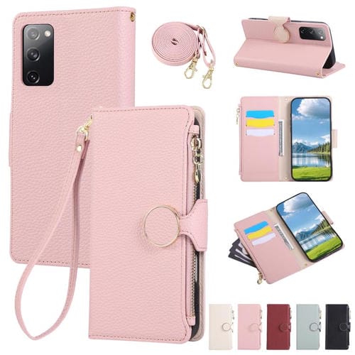 Funda de cuero tipo billetera con hebilla redonda y cremallera para Samsung Galaxy S20 FE con correa cruzada (rosa)