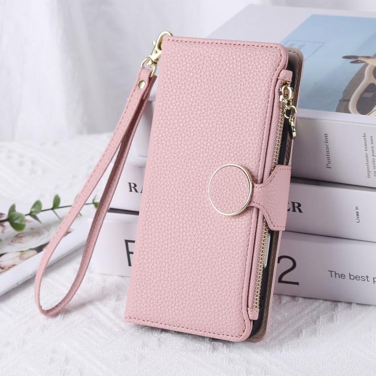Funda de cuero tipo billetera con hebilla redonda y cremallera para Samsung Galaxy Note20 con correa cruzada (rosa)