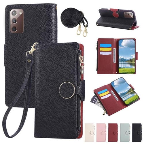Funda de cuero tipo billetera con hebilla redonda y cremallera para Samsung Galaxy Note20 con correa cruzada (negra)