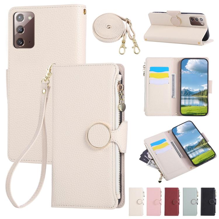 Funda de cuero tipo billetera con hebilla redonda y cremallera para Samsung Galaxy Note20 con correa cruzada (blanca)