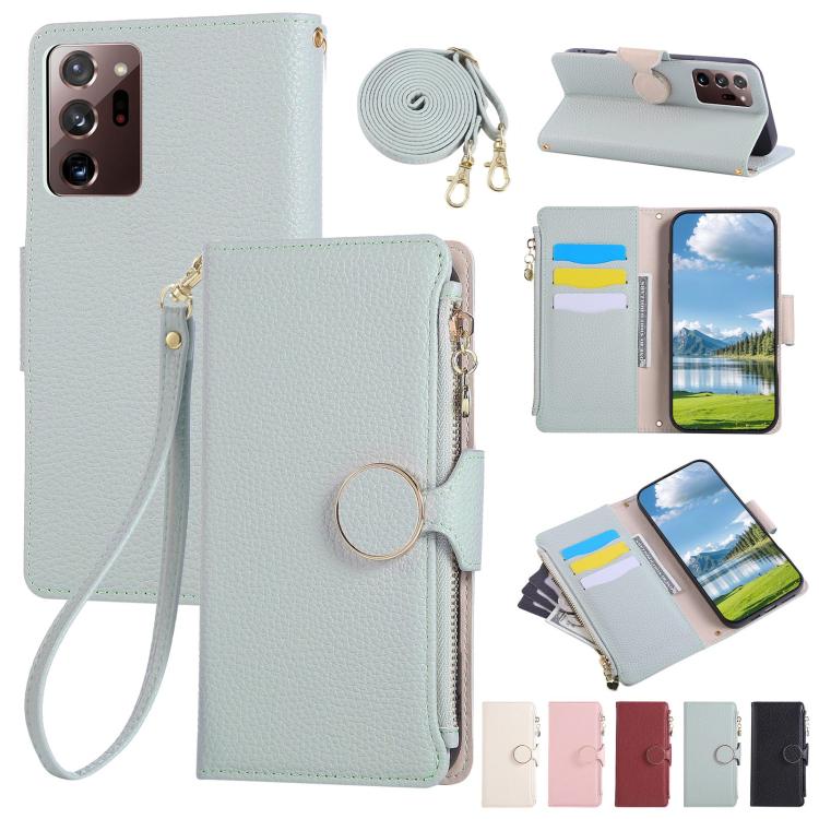 Funda de cuero tipo billetera con hebilla redonda y cremallera para Samsung Galaxy Note20 Ultra, con correa cruzada (azul cielo)