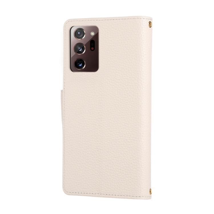 Funda de cuero tipo billetera con hebilla redonda y cremallera para Samsung Galaxy Note20 Ultra con correa cruzada (blanca)