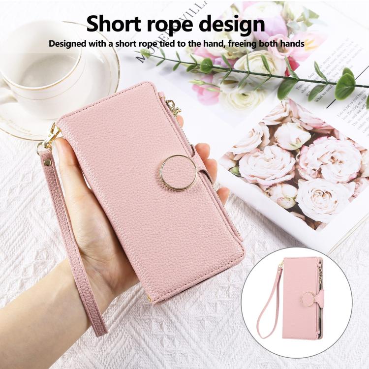 Funda de cuero tipo billetera con hebilla redonda y cremallera para Samsung Galaxy A24 5G con correa cruzada (rosa)