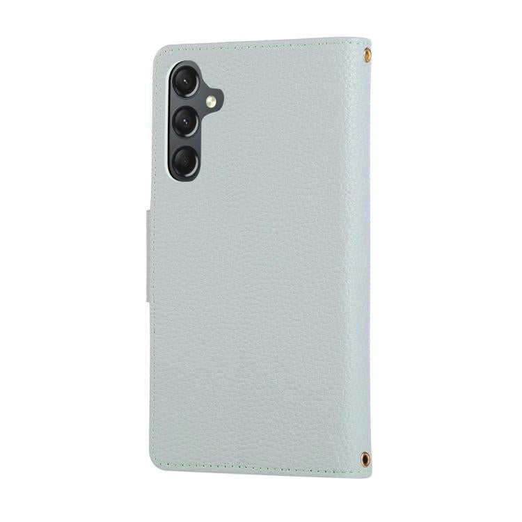 Funda de cuero tipo billetera con hebilla redonda y cremallera para Samsung Galaxy A05s, con correa cruzada (azul cielo)