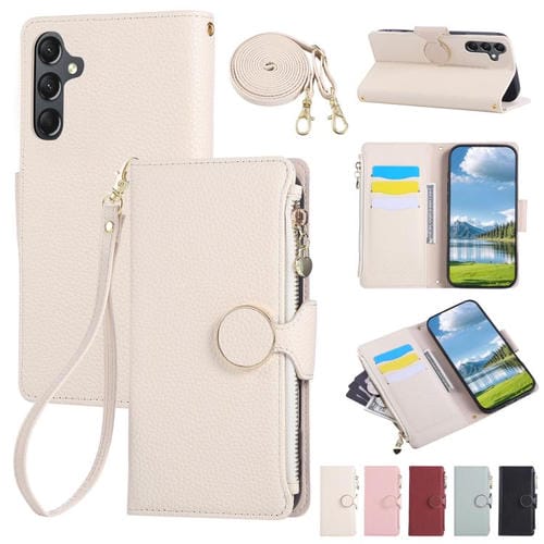 Funda de cuero tipo billetera con hebilla redonda y cremallera para Samsung Galaxy A55 5G, con correa cruzada (blanca)