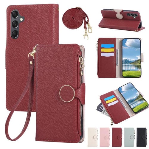 Funda de cuero tipo billetera con hebilla redonda y cremallera para Samsung Galaxy A34 5G con correa cruzada (roja)