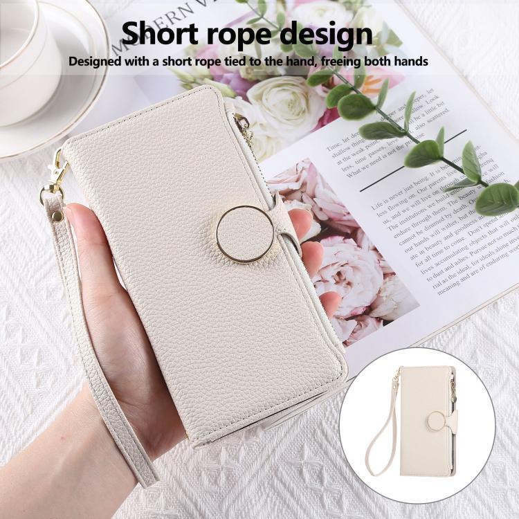 Funda de cuero tipo billetera con hebilla redonda y cremallera para Samsung Galaxy A16 4G / 5G / A26 5G (blanco)