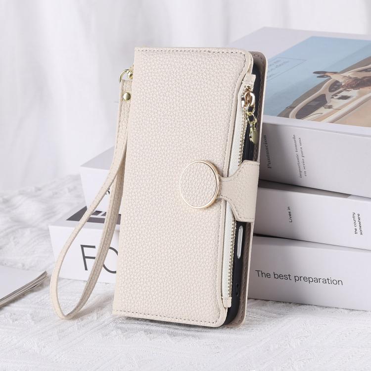 Funda de cuero tipo billetera con hebilla redonda y cremallera para Samsung Galaxy A16 4G / 5G / A26 5G (blanco)