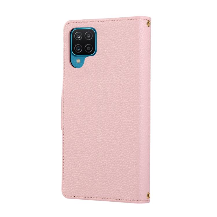 Funda de cuero tipo billetera con hebilla redonda y cremallera para Samsung Galaxy A42 5G con correa cruzada (rosa)