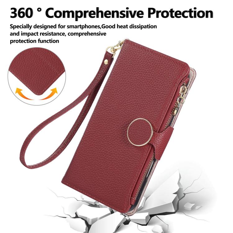 Funda de cuero tipo billetera con hebilla redonda y cremallera para Samsung Galaxy A42 5G con correa cruzada (roja)