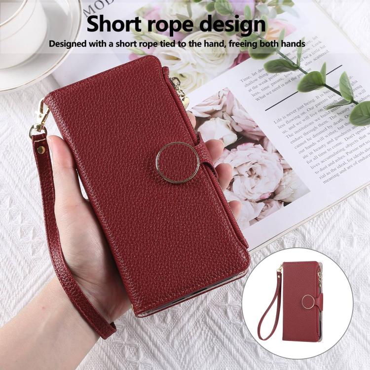 Funda de cuero tipo billetera con hebilla redonda y cremallera para Samsung Galaxy A42 5G con correa cruzada (roja)