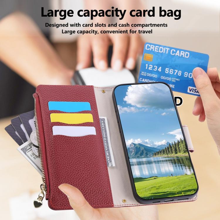 Funda de cuero tipo billetera con hebilla redonda y cremallera para Samsung Galaxy A42 5G con correa cruzada (roja)