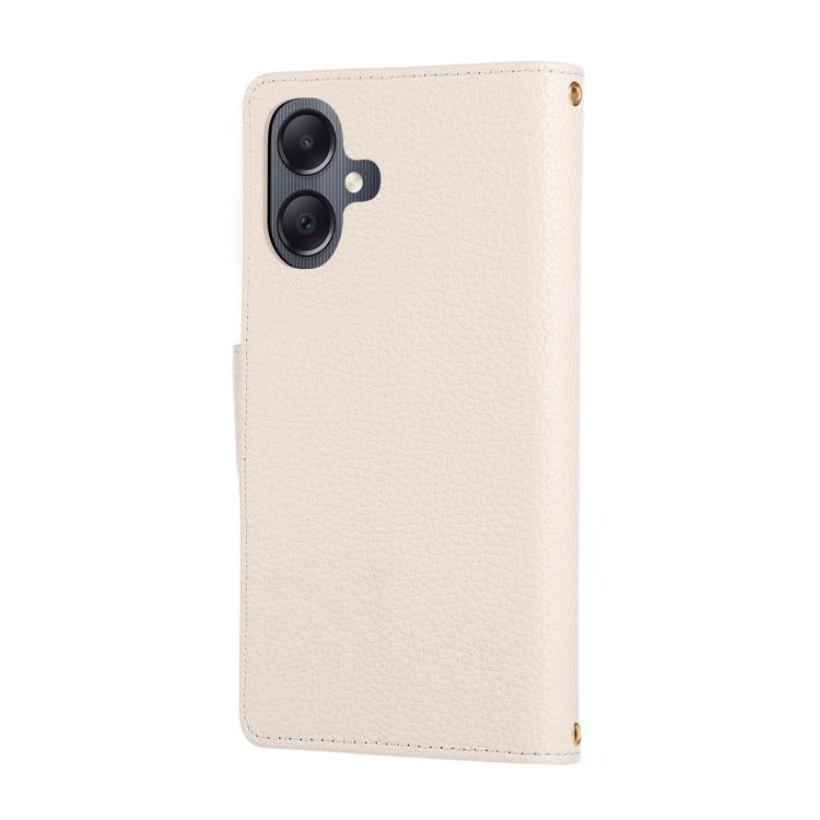 Funda de cuero tipo billetera con hebilla redonda y cremallera para Samsung Galaxy A05 con correa cruzada (blanca)