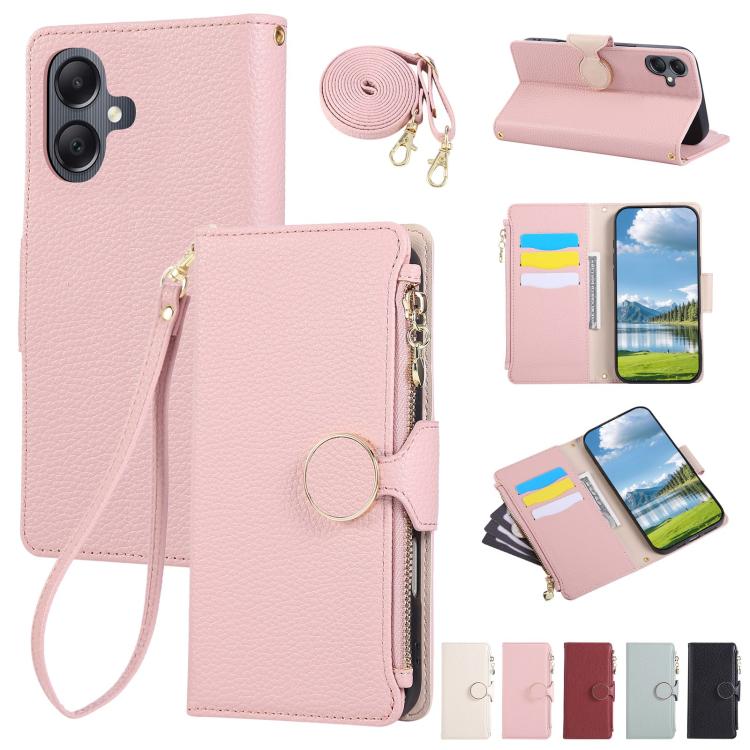 Funda de cuero tipo billetera con hebilla redonda y cremallera para Samsung Galaxy A06 con correa cruzada (rosa)