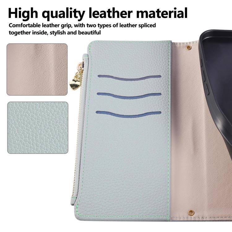 Funda de cuero tipo billetera con hebilla redonda y cremallera para Samsung Galaxy A06 con correa cruzada (azul cielo)