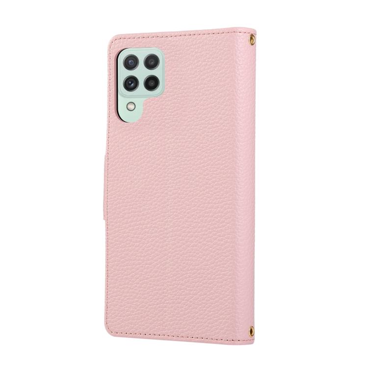 Funda de cuero tipo billetera con hebilla redonda y cremallera para Samsung Galaxy A22 4G con correa cruzada (rosa)