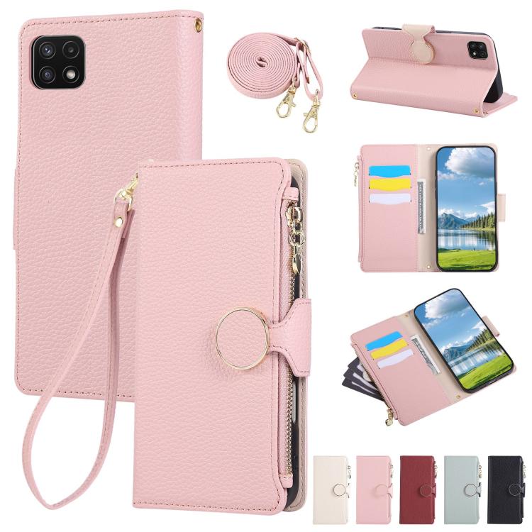 Funda de cuero tipo billetera con hebilla redonda y cremallera para Samsung Galaxy A22 5G con correa cruzada (rosa)