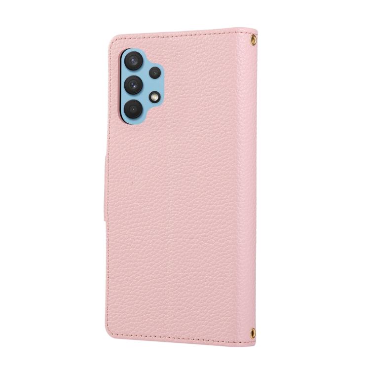 Funda de cuero tipo billetera con hebilla redonda y cremallera para Samsung Galaxy A32 4G con correa cruzada (rosa)