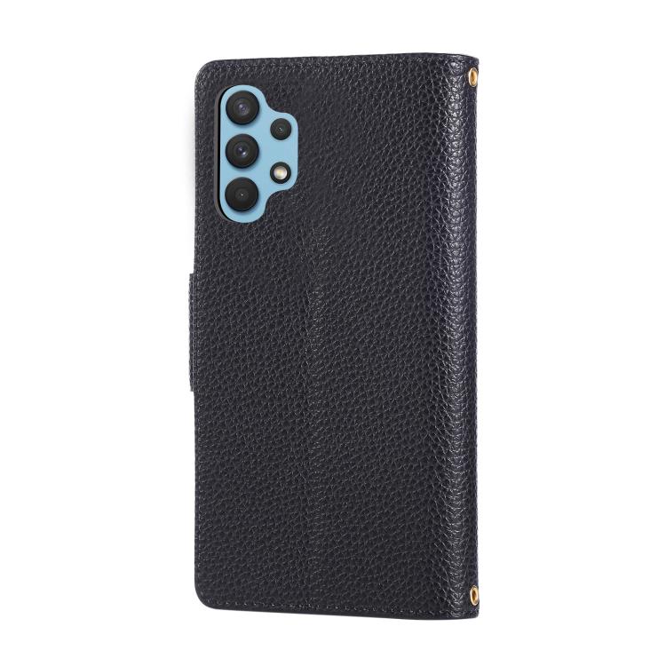 Funda de cuero tipo billetera con hebilla redonda y cremallera para Samsung Galaxy A32 4G con correa cruzada (negro)