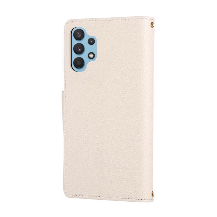 Funda de cuero tipo billetera con hebilla redonda y cremallera para Samsung Galaxy A32 4G con correa cruzada (blanca)