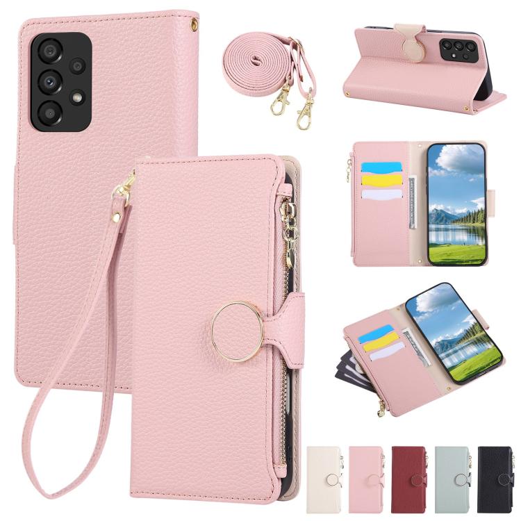 Funda de cuero tipo billetera con hebilla redonda y cremallera para Samsung Galaxy A53 5G con correa cruzada (rosa)