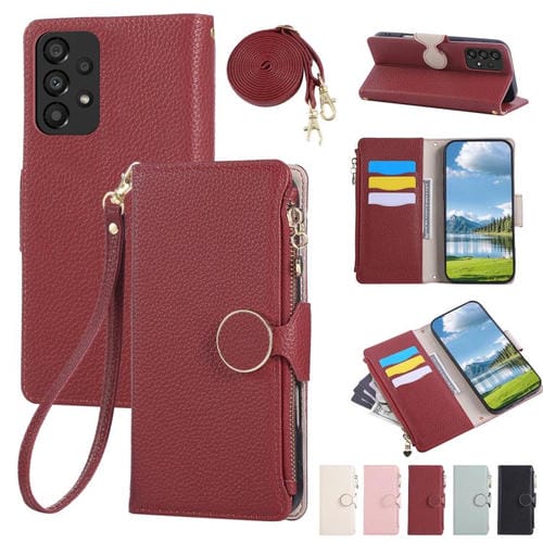 Funda de cuero con hebilla redonda y cremallera para Samsung Galaxy A53 5G, con correa cruzada (roja)