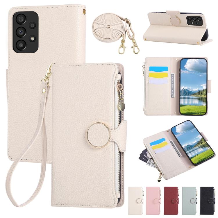 Funda de cuero tipo billetera con hebilla redonda y cremallera para Samsung Galaxy A53 5G con correa cruzada (blanca)