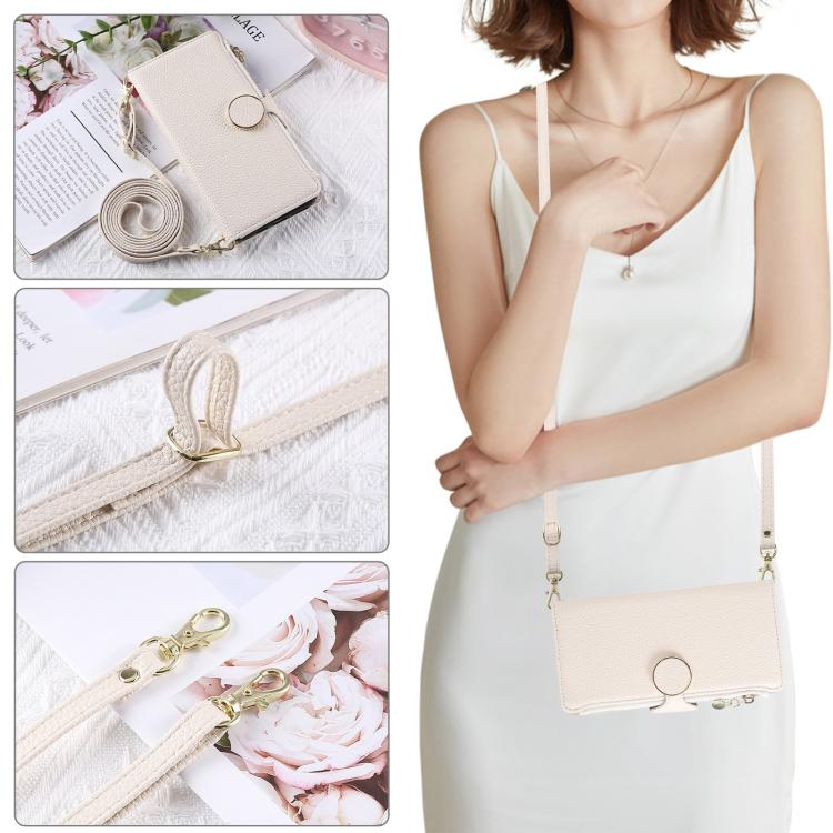 Funda de cuero tipo billetera con hebilla redonda y cremallera para Samsung Galaxy A36 5G, con correa cruzada (blanca)