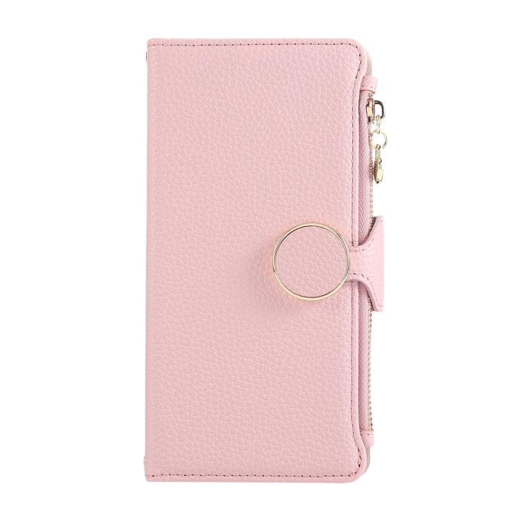 Funda de cuero tipo billetera con hebilla redonda y cremallera para Samsung Galaxy A56 5G con correa cruzada (rosa)