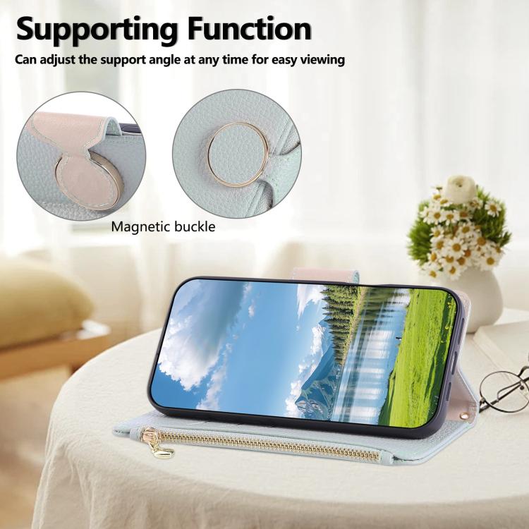 Funda de cuero tipo billetera con hebilla redonda y cremallera para Samsung Galaxy A56 5G con correa cruzada (azul cielo)